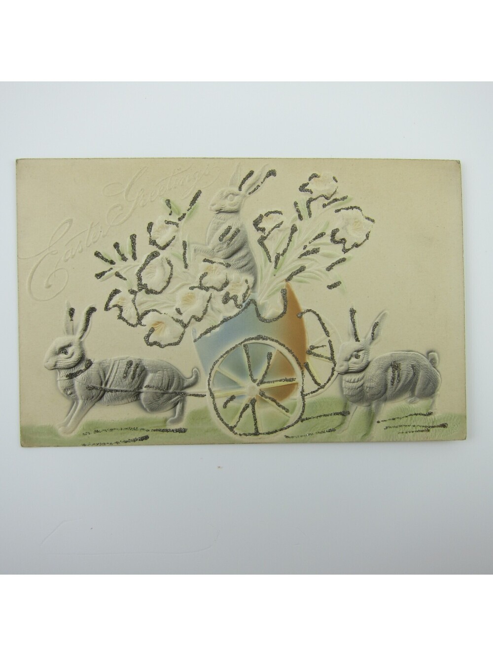 Easter Postcard Rabbits Cart Lily Flowers 3D Embossed Silver Glitter Antique